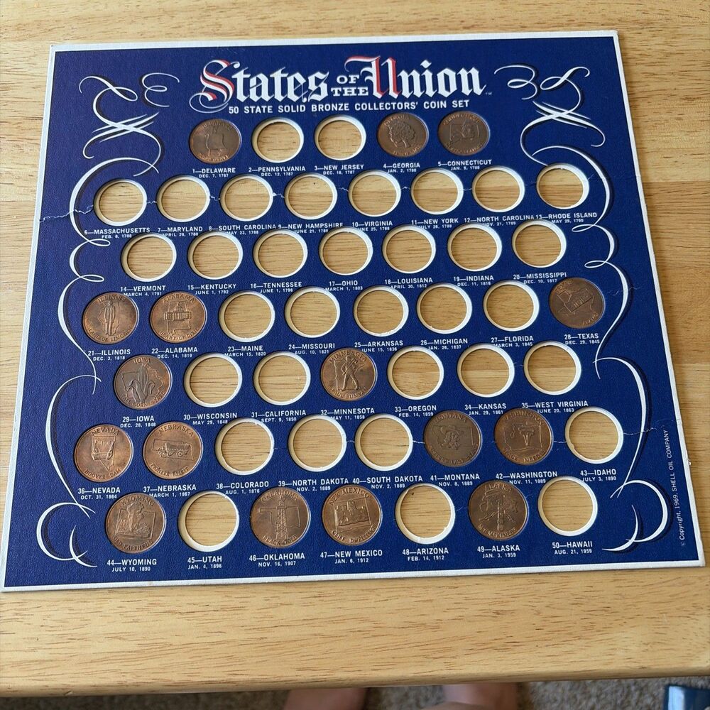 Vintage 1969 50 States of the Union Solid bronze collector's coin Set Incomp